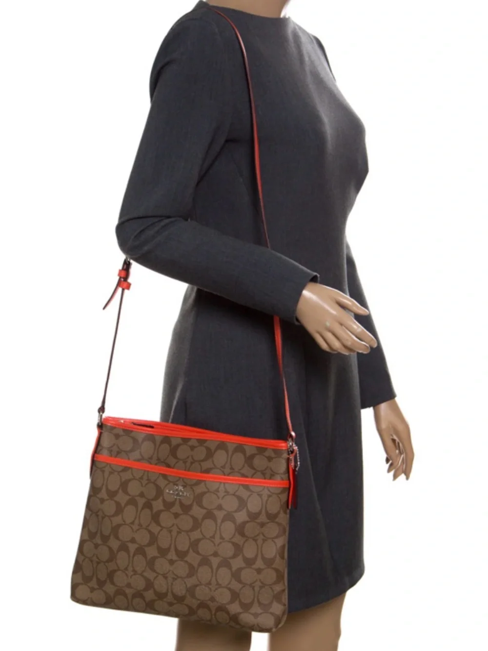 COACH Signature File Crossbody Bag (F58297) Brown Khaki, Bright Orange Straps